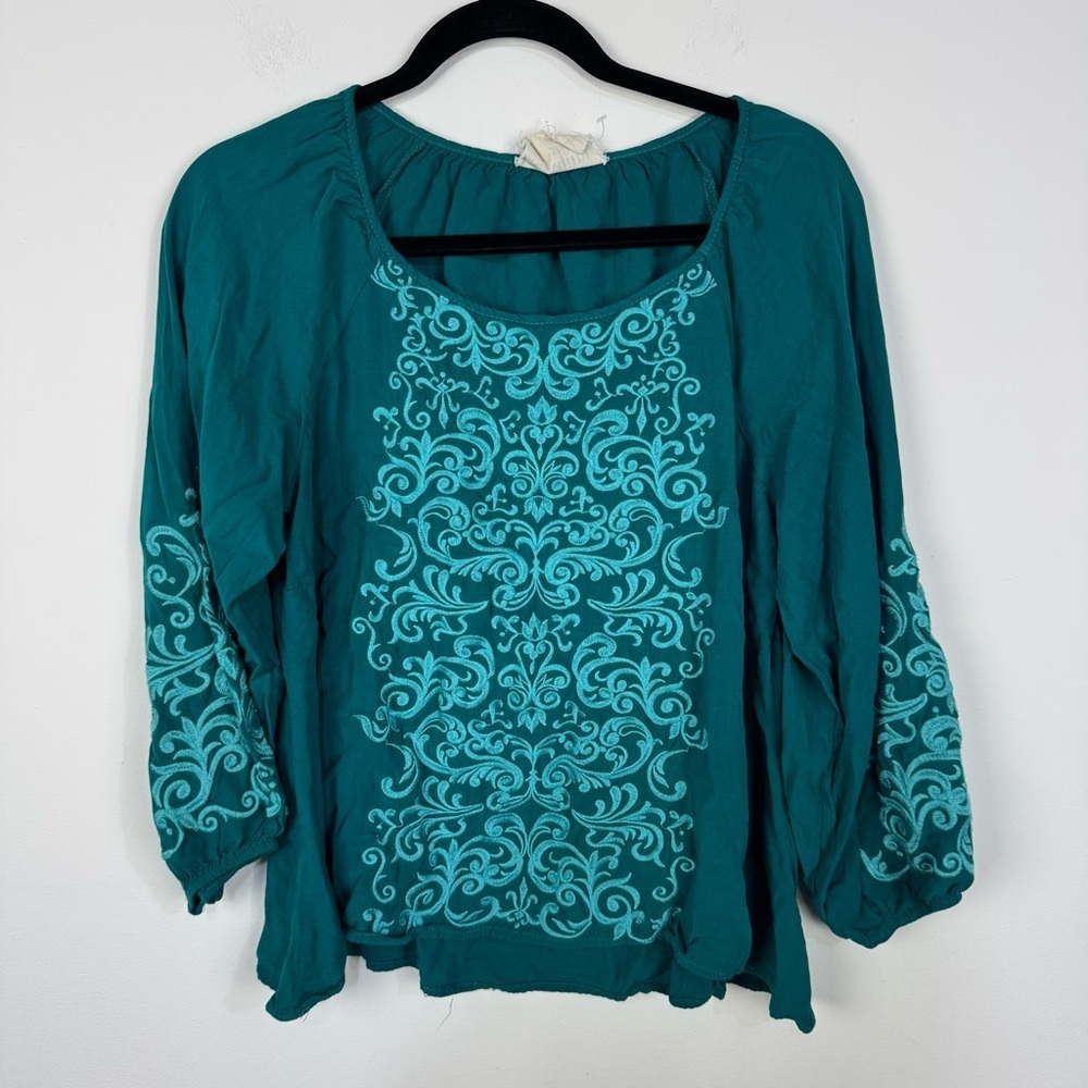 Savanna Jane Teal Embroidered Long Sleeve Blouse Boho Top Turquoise